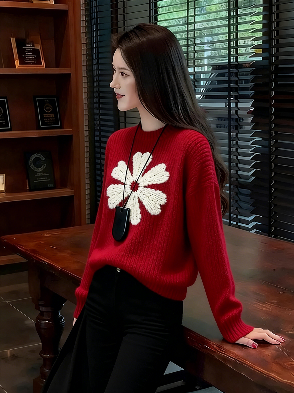 2025冬独特别致高级感超好看韩系松弛感软糯慵懒风红色花朵毛衣女
