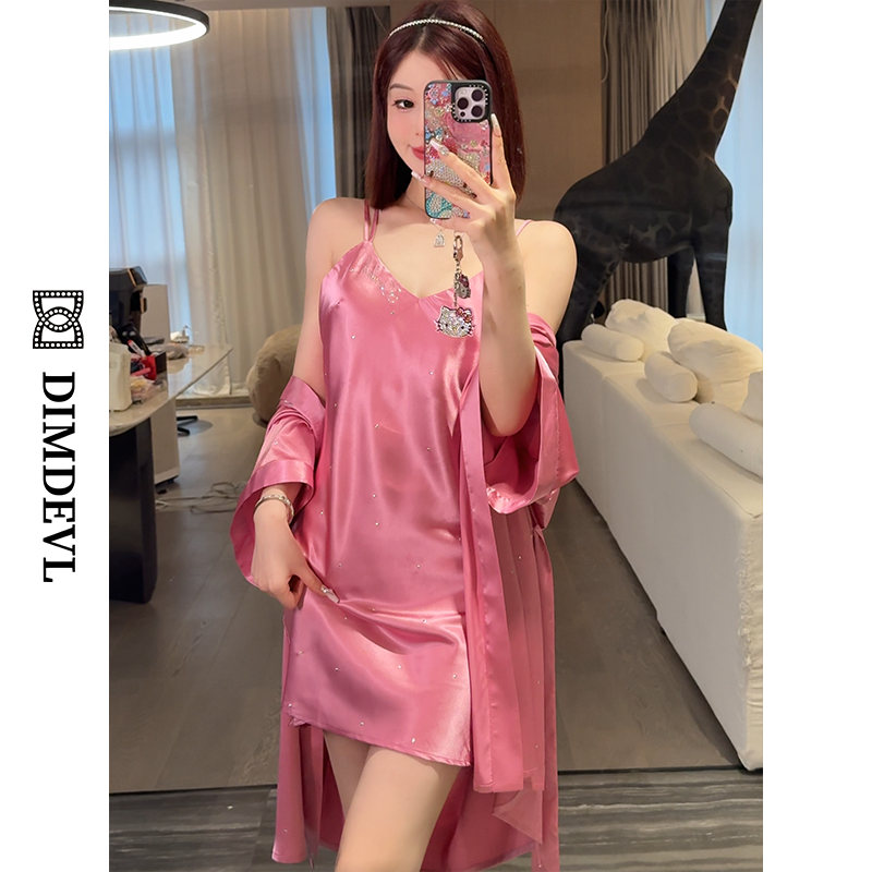 DIMDEVL/汀黛玫红爱心钻水光缎面纯欲性感吊带裙睡袍家居服女夏