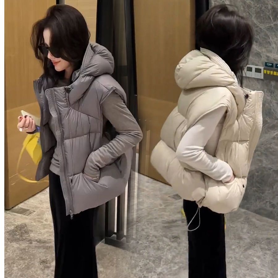 欧货连帽短款时尚马甲女冬季新款爆流行小个子加厚白鸭绒背心外套