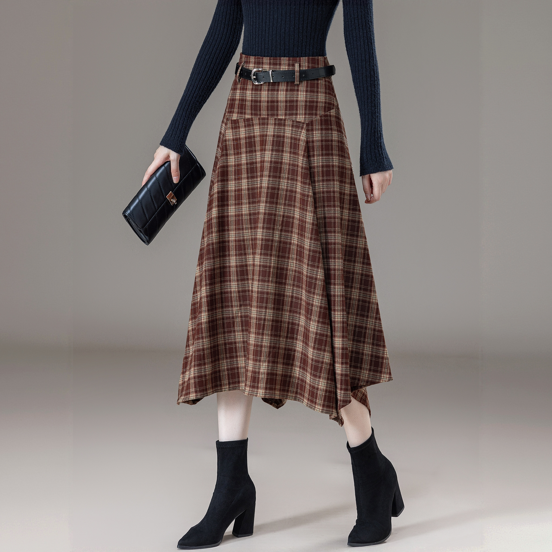 拉夏贝尔美拉德复古不规则格子半身裙秋冬2025新款高腰时尚裙