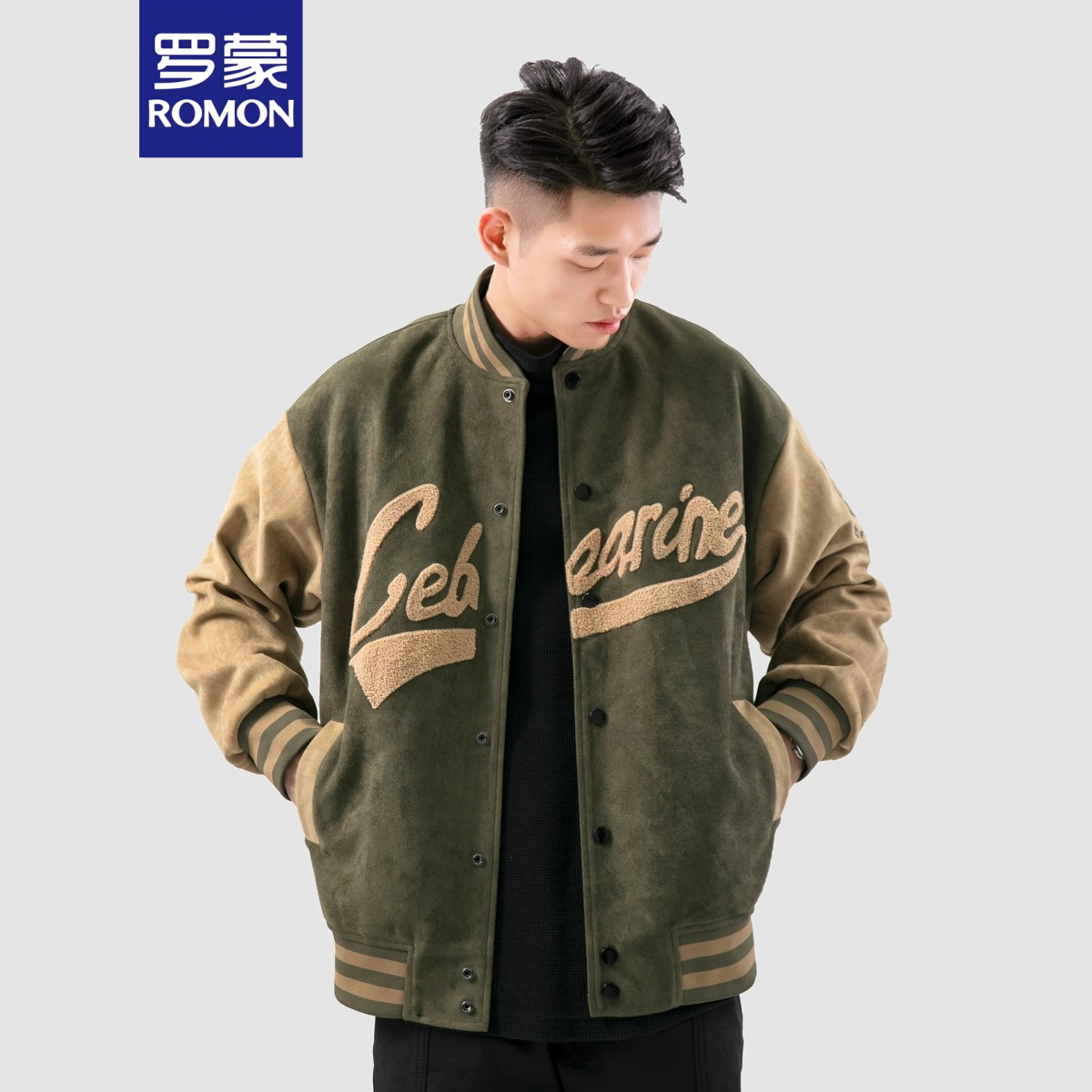 罗蒙加绒加厚麂皮立领防风运动棒球服男潮牌日系宽松复古夹克外套