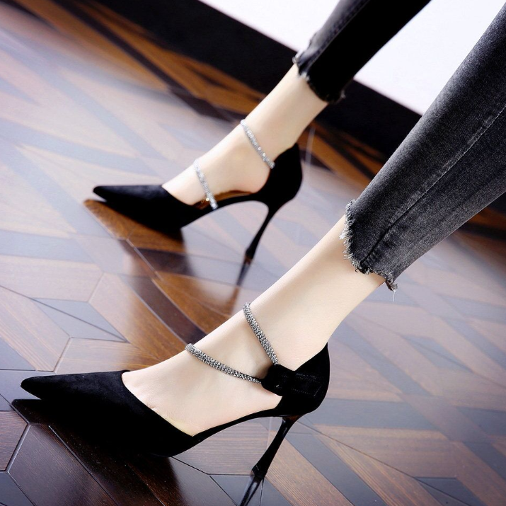 磨砂浅口尖头高跟鞋女2025年春夏季新款优雅搭扣水钻中空高跟女鞋