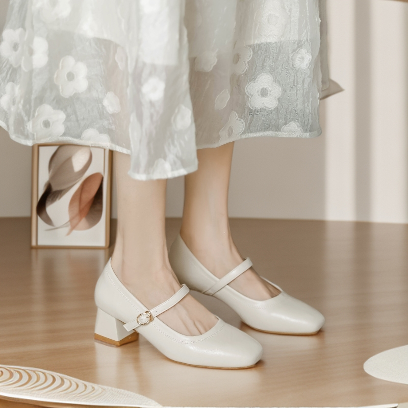 【手工真皮】方头时尚百搭休闲一字带玛丽珍港风气质粗跟高跟女单鞋