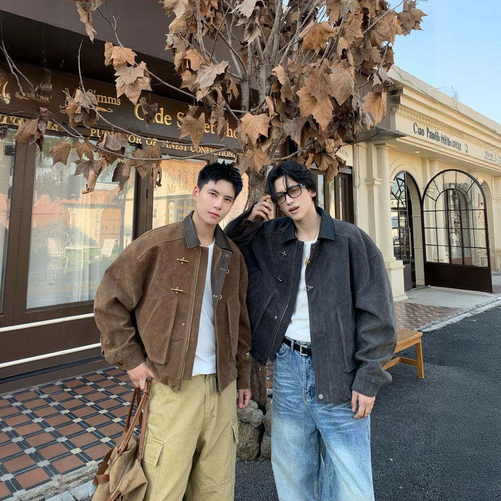 美式潮牌复古痞帅牛绒麂皮绒夹克男秋季高级感翻领短款外套百搭