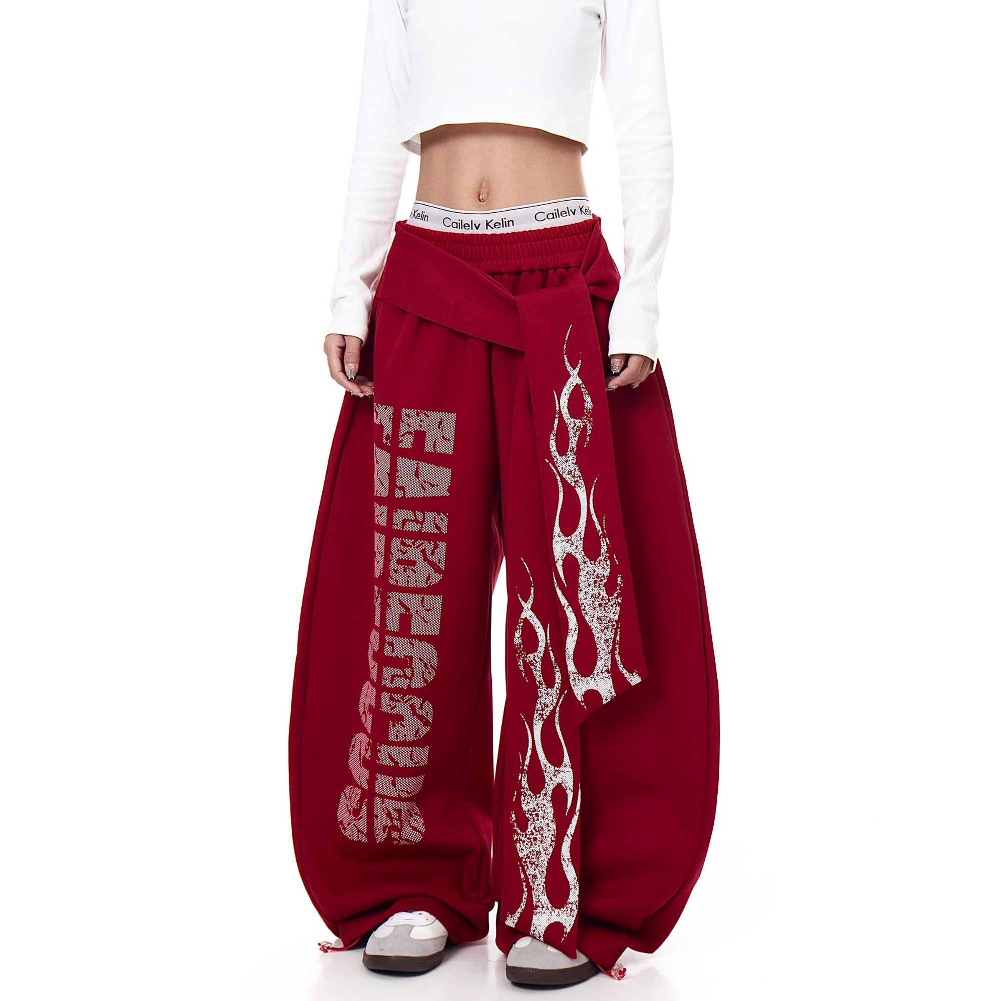 美式复古字母火焰飘带加厚休闲卫裤女爵士舞秋冬宽松直筒阔腿裤