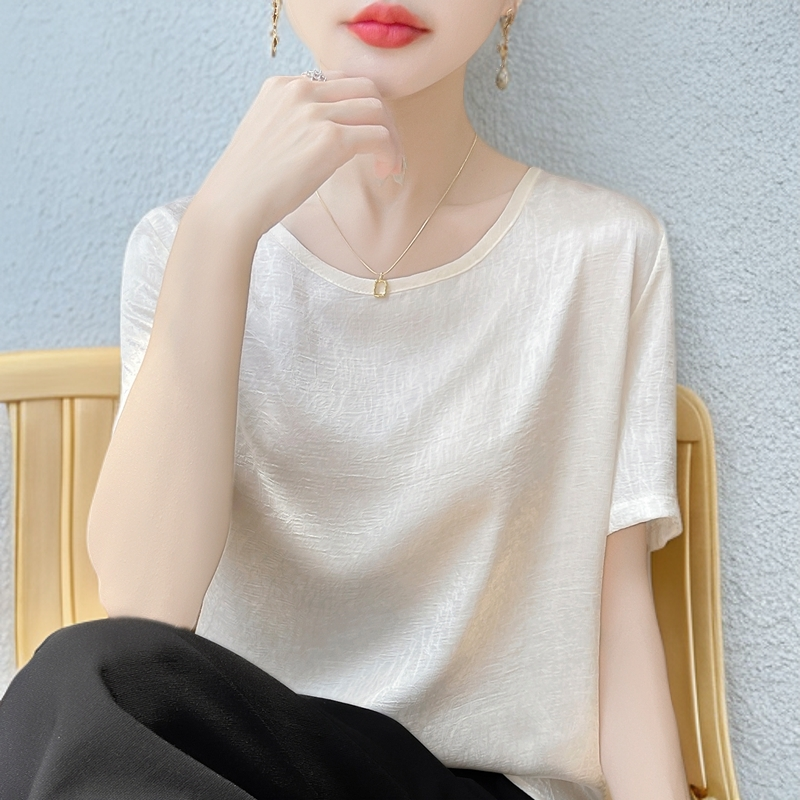 真丝短袖女款爆款2025新款高级感半袖打底衫圆领纯色气质显瘦上衣