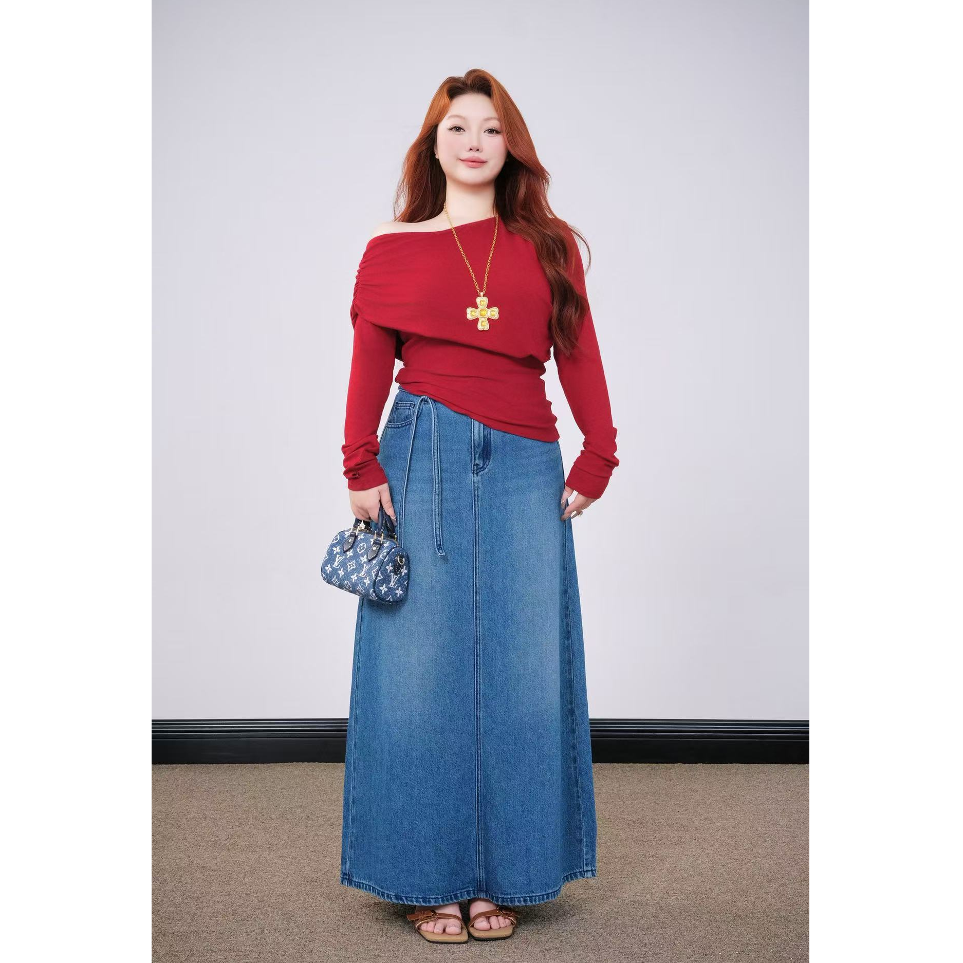 慧芝huizhi A0303牛仔裙 定制款 秋冬双色收腰显瘦长款牛仔半裙