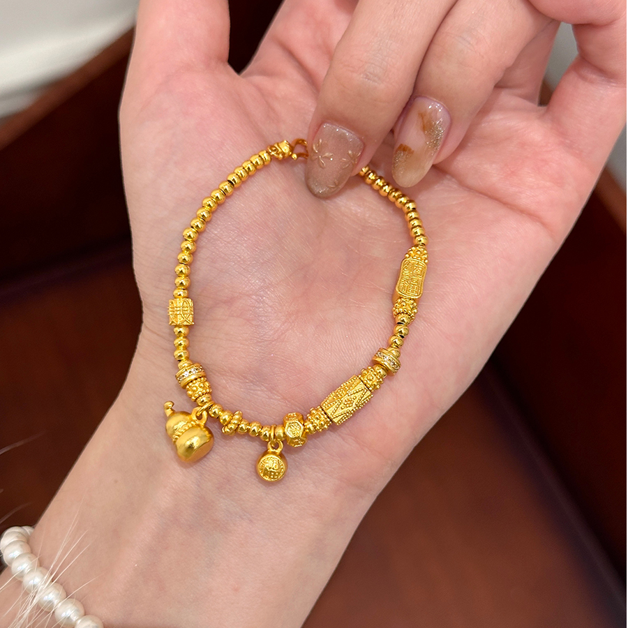 铜合金手链 轻奢小众高级感新中式古法葫芦金色珠珠盘缠手链女