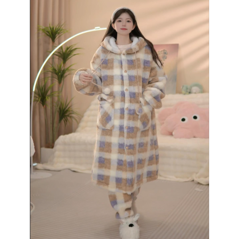 韩版格子长裤珊瑚绒睡袍女2025冬季新款加绒加连帽厚家居服两件套
