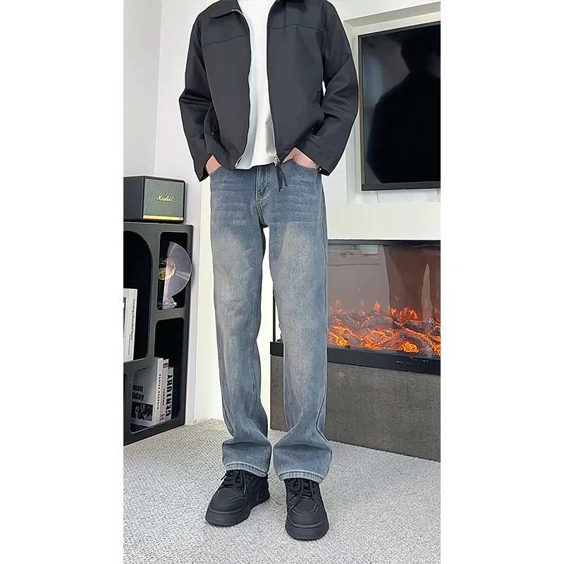 秋冬美式加绒加厚直筒牛仔裤男款水洗纹路Cleanfit宽松百搭基础款