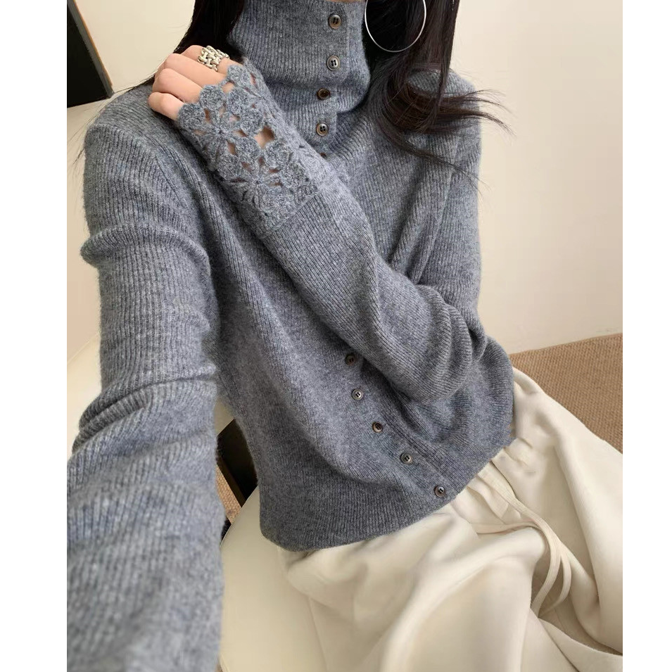 MEIZHENZI【超细绵羊毛】秋冬半高领针织开衫女钩花袖口打底毛衣