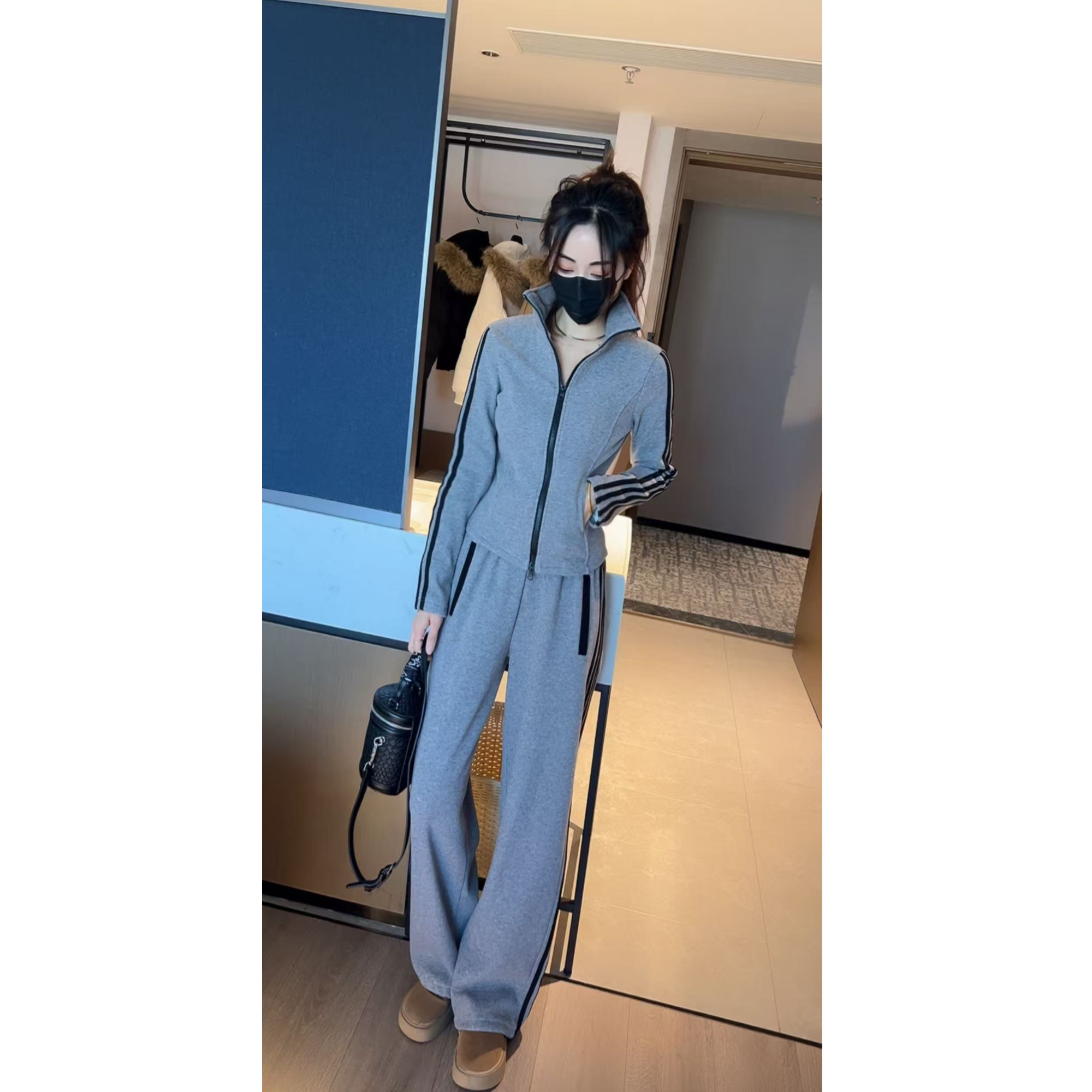 名媛风气质洋气撞色条纹拉链卫衣上衣女中长款显瘦阔腿裤长裤套装