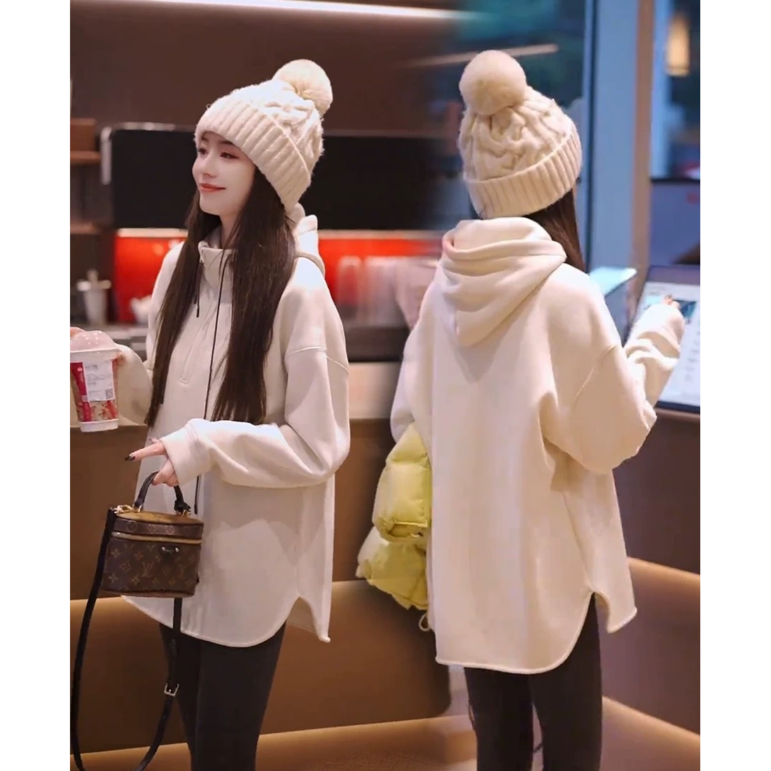 2025秋冬新款流行小个子连帽加绒加厚卫衣女装时尚宽松上衣打底衫