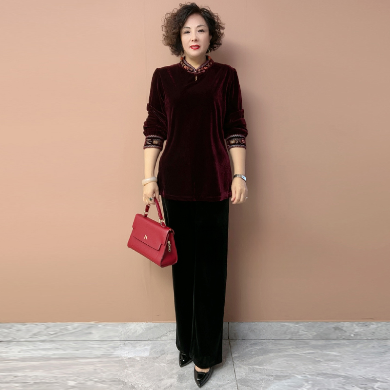 长袖立领套头丝绒烧花新款上衣秋冬刺绣高贵上衣加阔腿裤两件套装