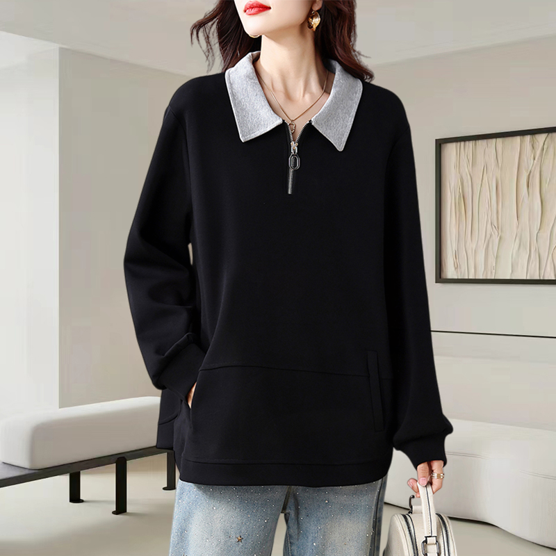 撞色翻领长袖卫衣女士2025秋季新款时尚减龄宽松显瘦休闲百搭上衣