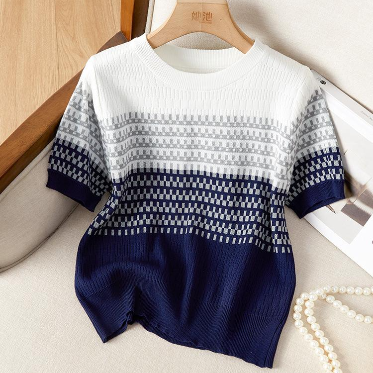 新款扎染渐变撞色圆领针织衫短袖夏韩版条纹女款2025爆款T桖上衣