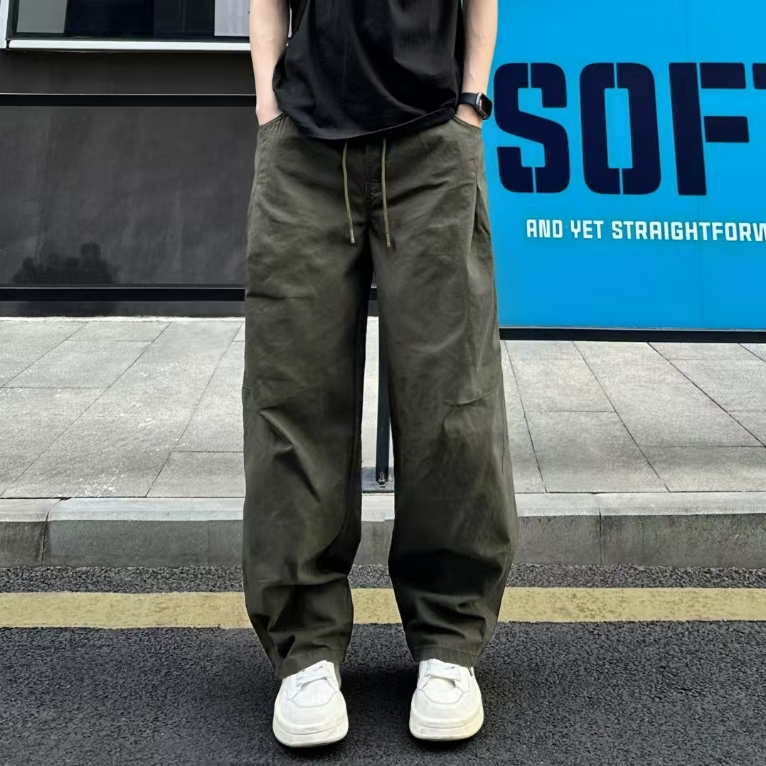 QUALCOMM美式潮流拼接军绿色工装裤男秋冬加绒宽松直筒休闲长裤潮