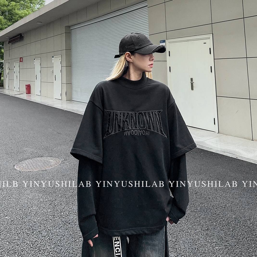 秋季新款美式高街字母刺绣宽松立领假两件卫衣男女同款