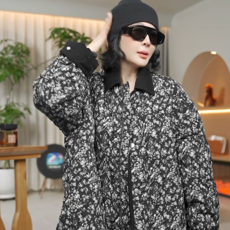 复古高级感撞色碎花拼接灯芯绒翻领棉服外套 M9162