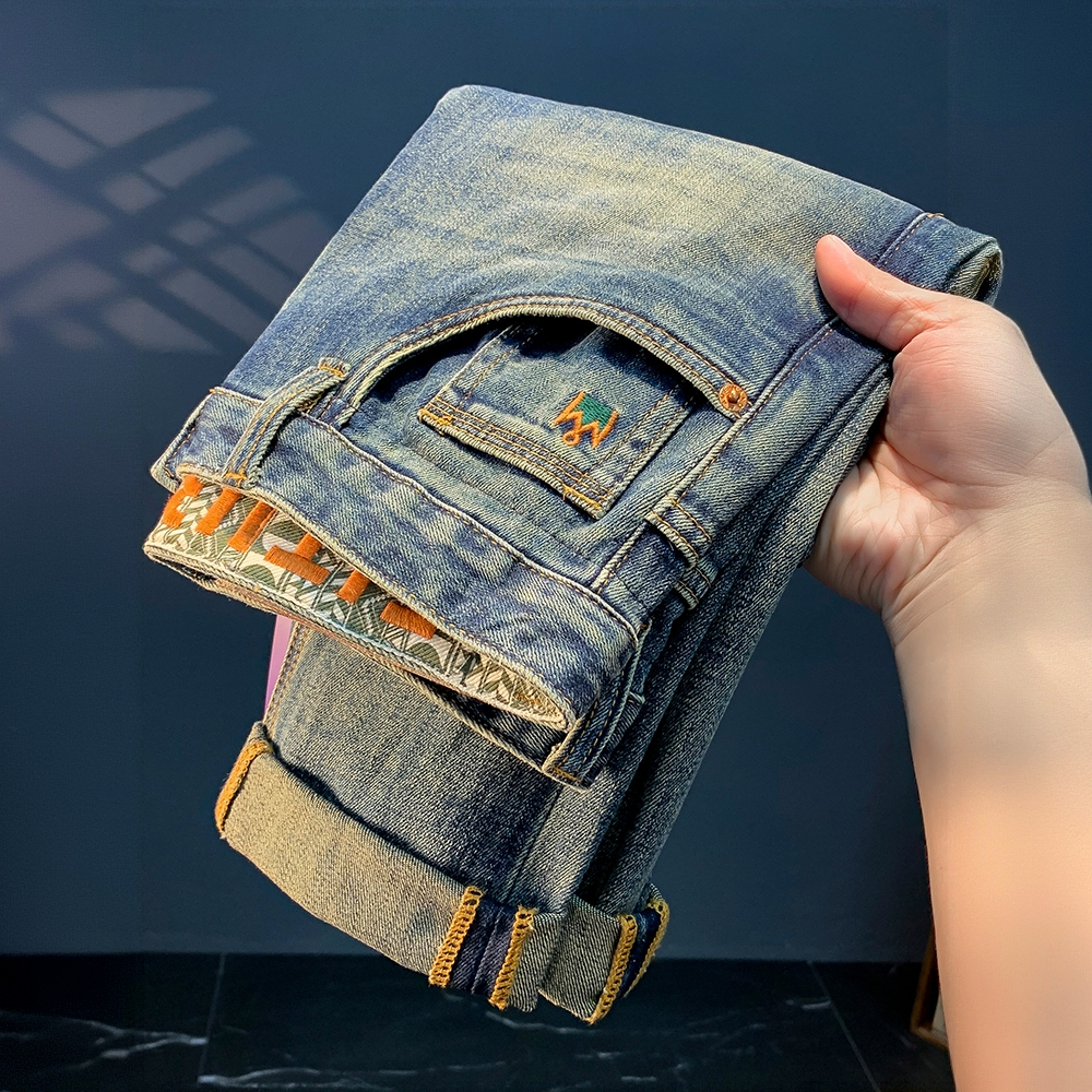 景君澜高端秋季新款牛仔裤男士刺绣印花修身宽松休闲百搭长裤