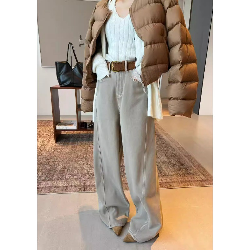 雅鹿加绒加厚高腰直筒阔腿牛仔裤女2025秋冬季新款潮流显瘦弯刀裤