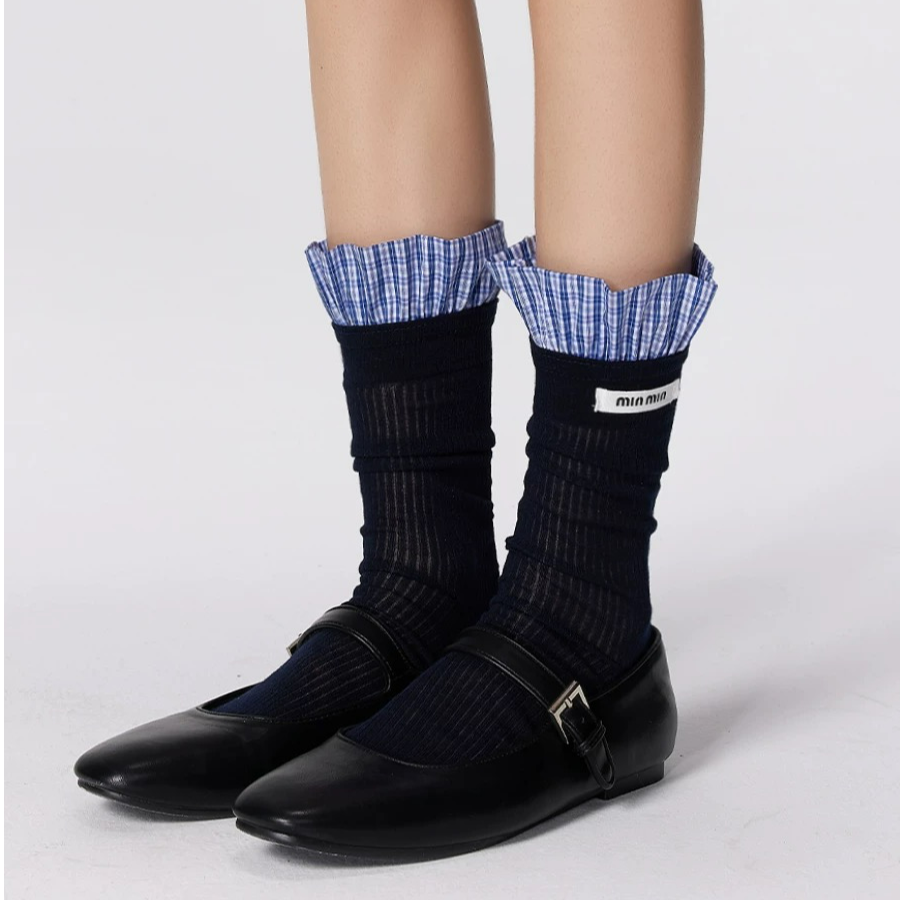 春夏季miu系格子拼接花边中筒袜透气甜酷小众潮袜子洋气高颜值棉