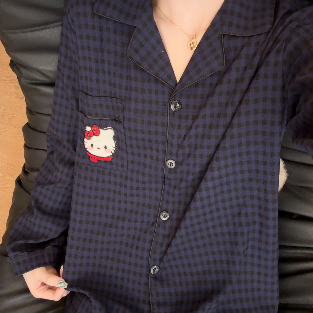 小清新风翻领云朵棉元气少女长袖长裤睡衣条纹格子kt猫家居服chic