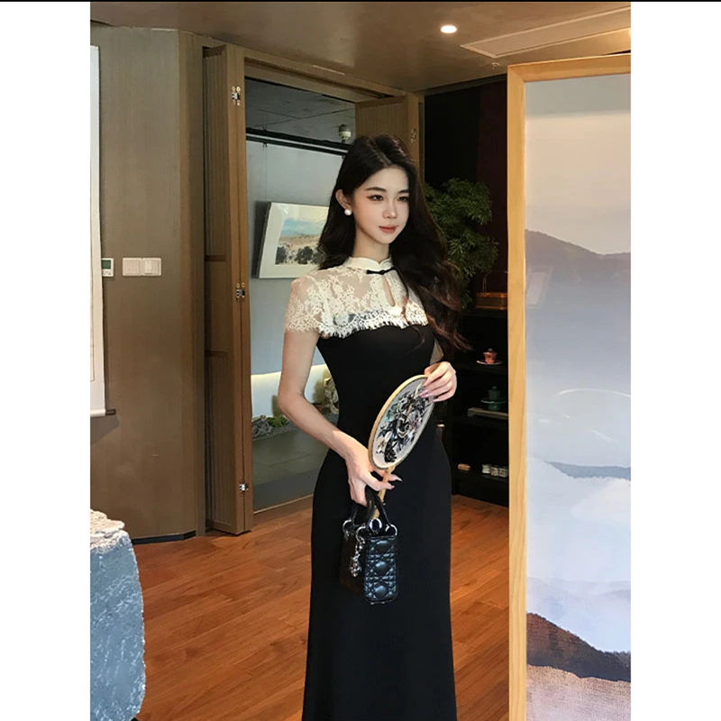 高级感蕾丝拼接连衣裙女夏季新款新中式气质仙女黑色长裙