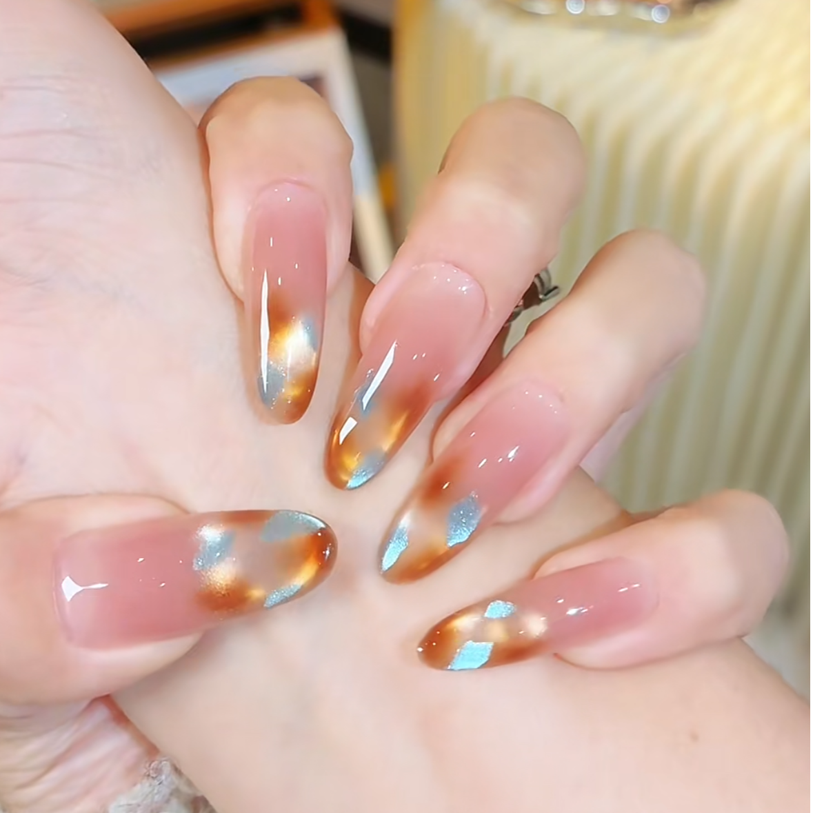 【玳瑁琥珀】琥珀色晕染猫眼美甲穿戴甲片高级显白手工穿戴甲中长款