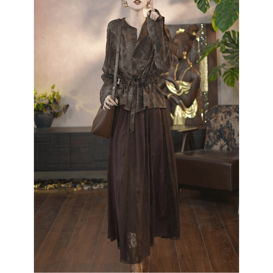 2025秋冬新款气质名媛休闲风时尚套装女装长袖衬衫＋半身裙套装