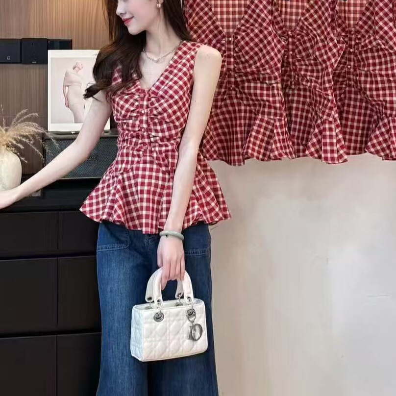 夏季韩版红格背心女海边度假辣妹无袖外穿上衣女复古设计感显瘦