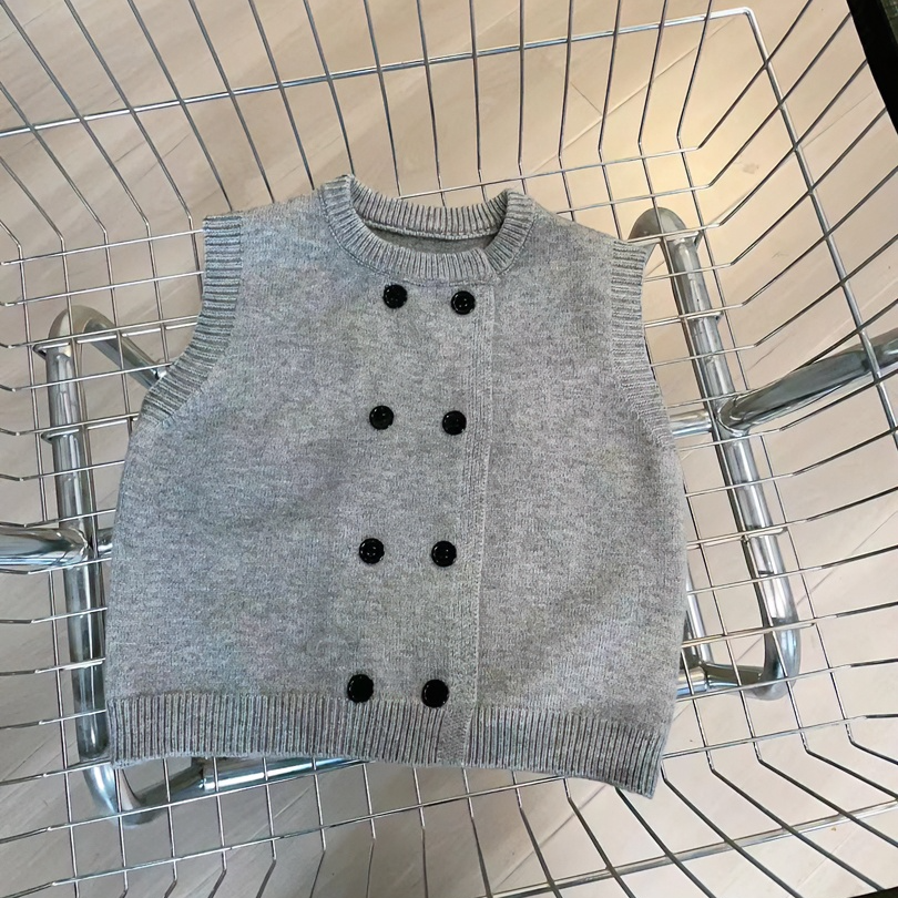 儿童春秋季针织马甲男童双排扣时尚灰色背心秋冬女童百搭坎肩上衣