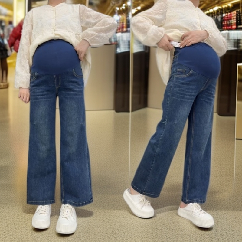 孕妇裤子2025秋季外穿休闲阔腿直筒拖地长款时尚牛仔裤显高显瘦