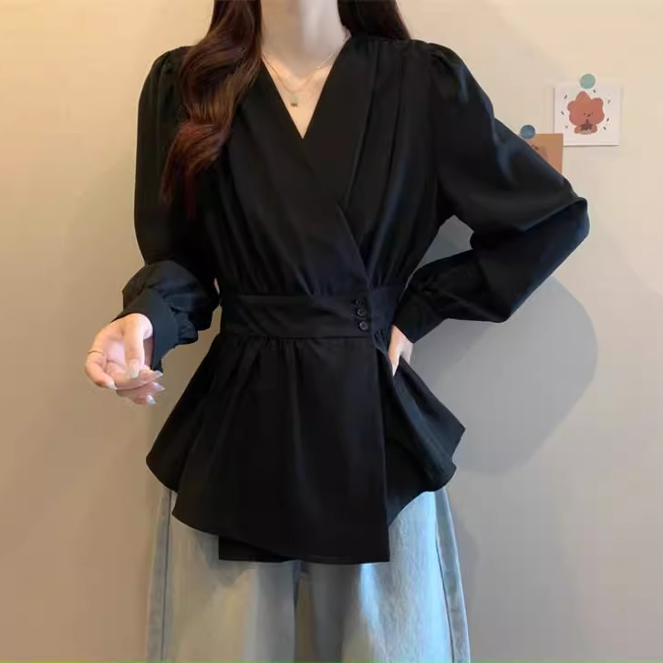 大码法式气质高级感黑色衬衣女春秋新款收腰显瘦遮肚长袖衬衫上衣