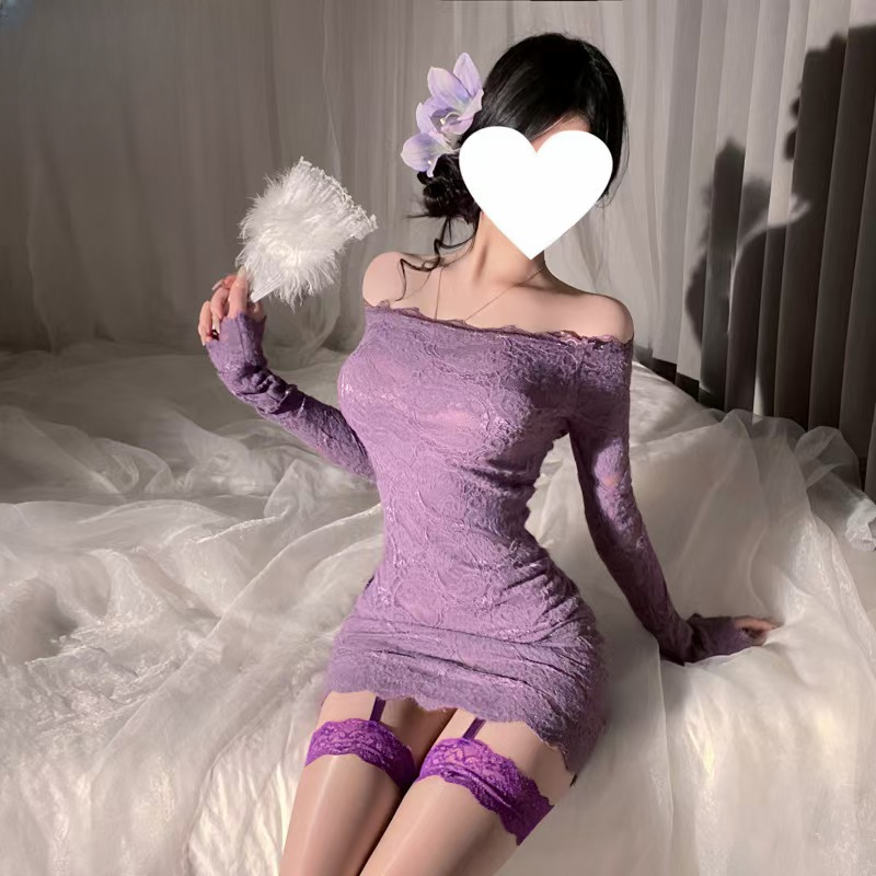 福利内衣性感带内衬一字肩紫色纯欲风蕾丝气质连衣裙紧身包臀2025