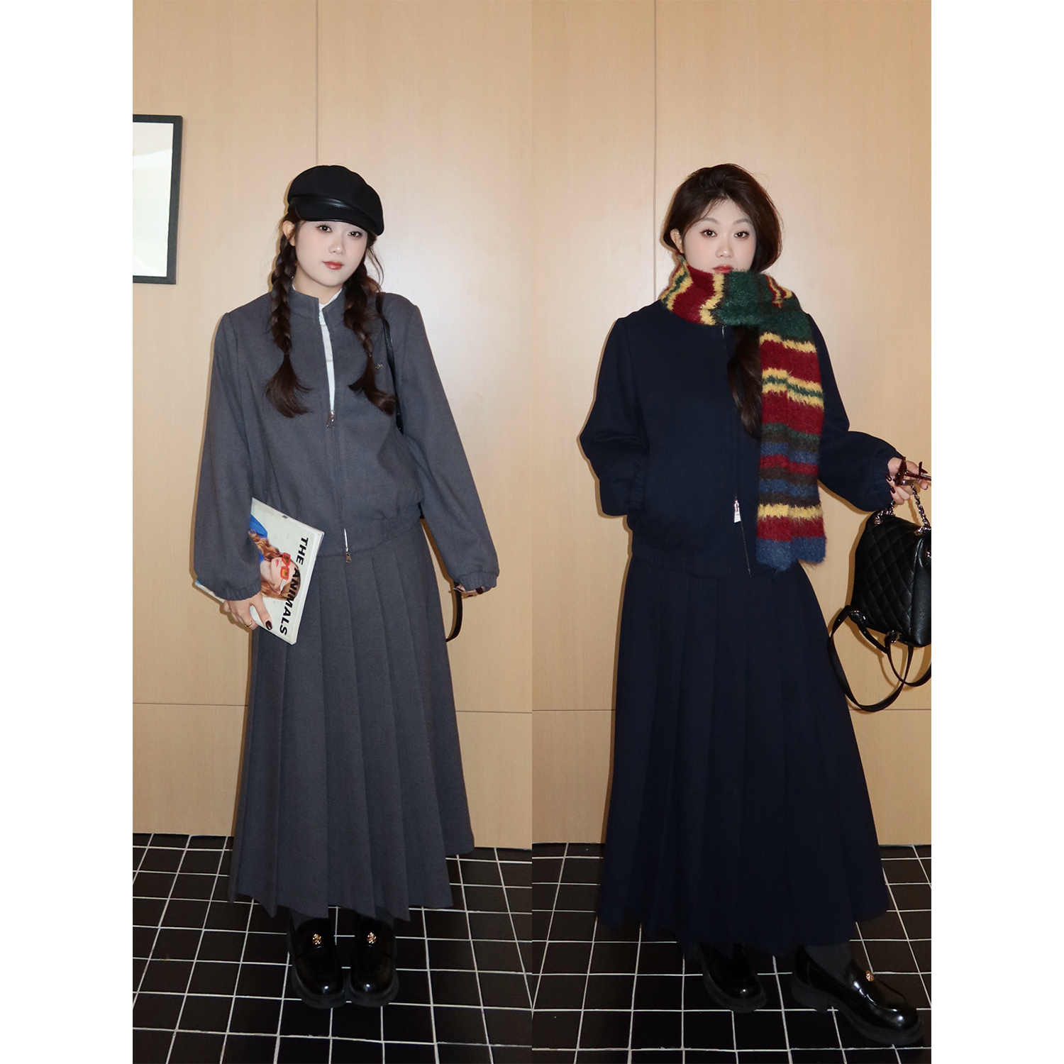 裂渡宣宣【晚宴千金】微胖大码女装立领夹克+百褶半裙套装ZY507V85