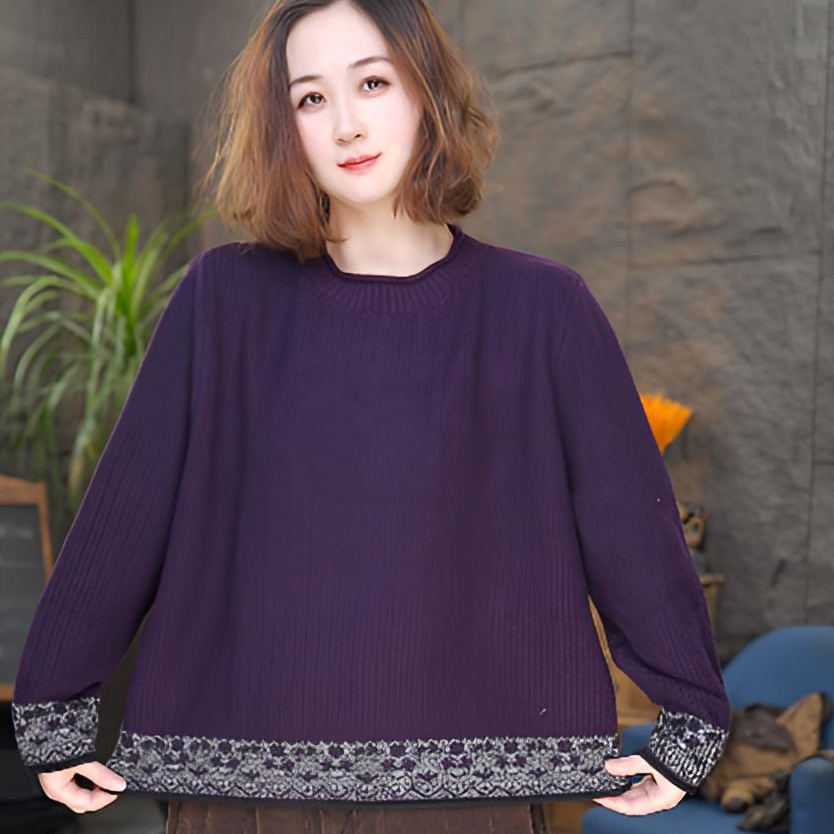 【拼接毛衣】针织保暖民族风圆领毛针织衫打底复古长袖宽松毛衣