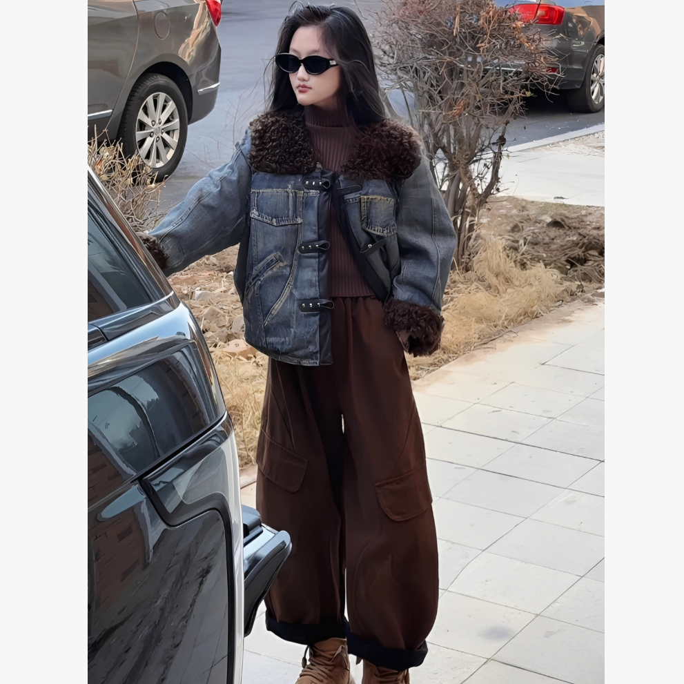 女童韩版牛仔拼接加厚外套女孩2025冬季新款外套咖色休闲工装裤潮