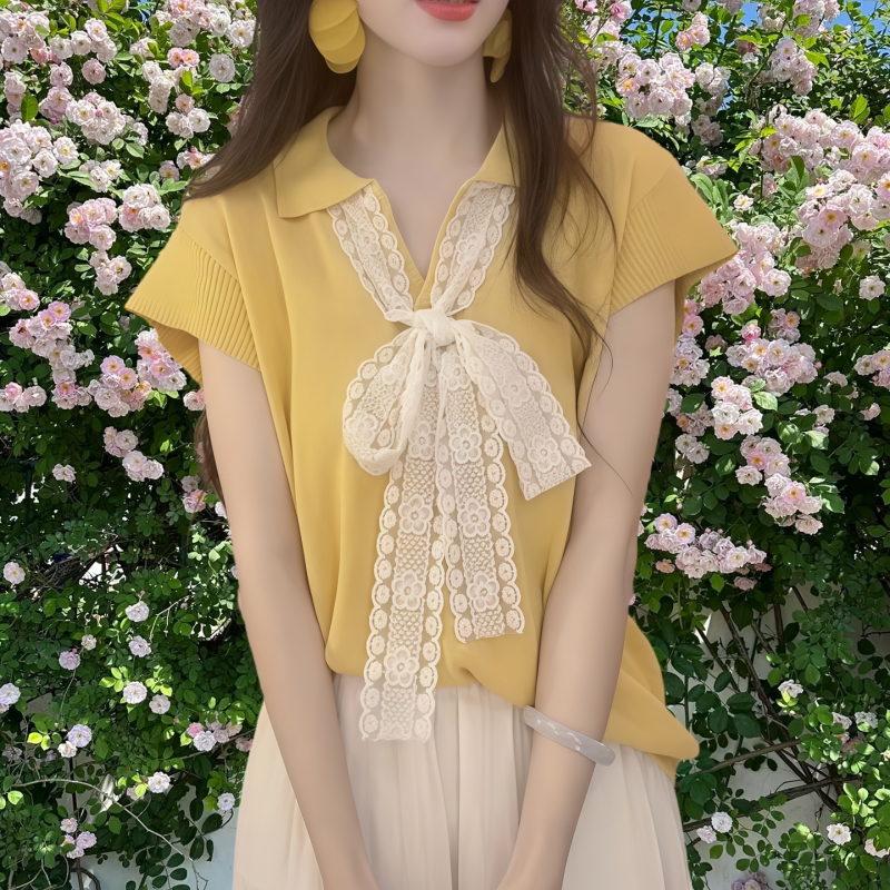 时尚温柔蕾丝蝴蝶结系带针织衫女夏季新款甜美风减龄飞飞袖上衣