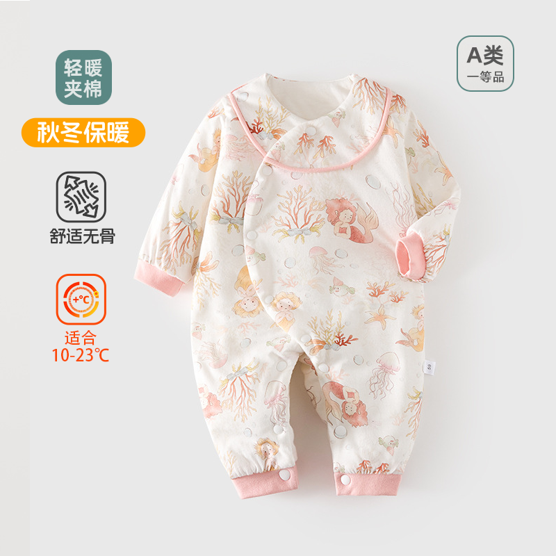 婴儿加棉连衣宝宝40克夹棉春款无骨哈衣薄棉加厚偏襟爬服