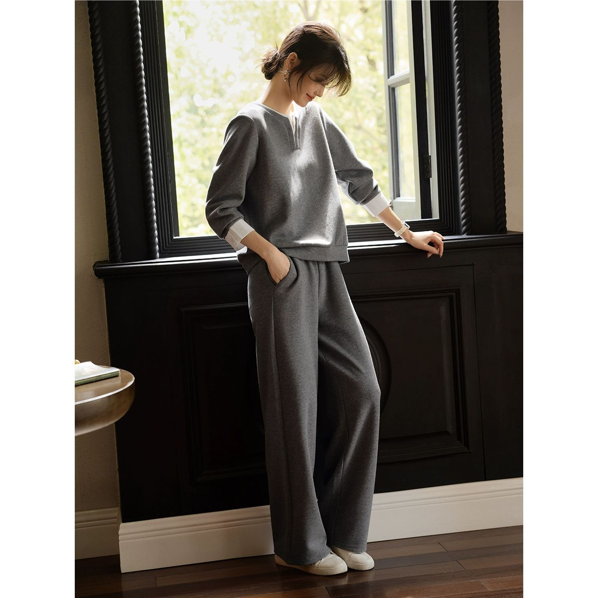 休闲运动假两件卫衣套装女秋季灰色宽松上衣直筒裤两件套