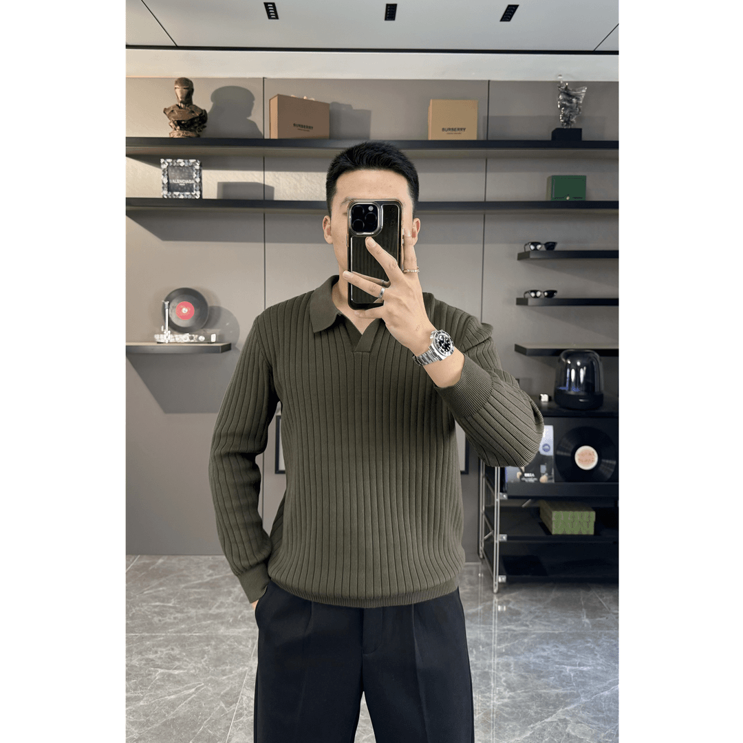 秋冬加厚轻奢简约针织衫男士复古修身翻领轻奢商务百搭高品质毛衣