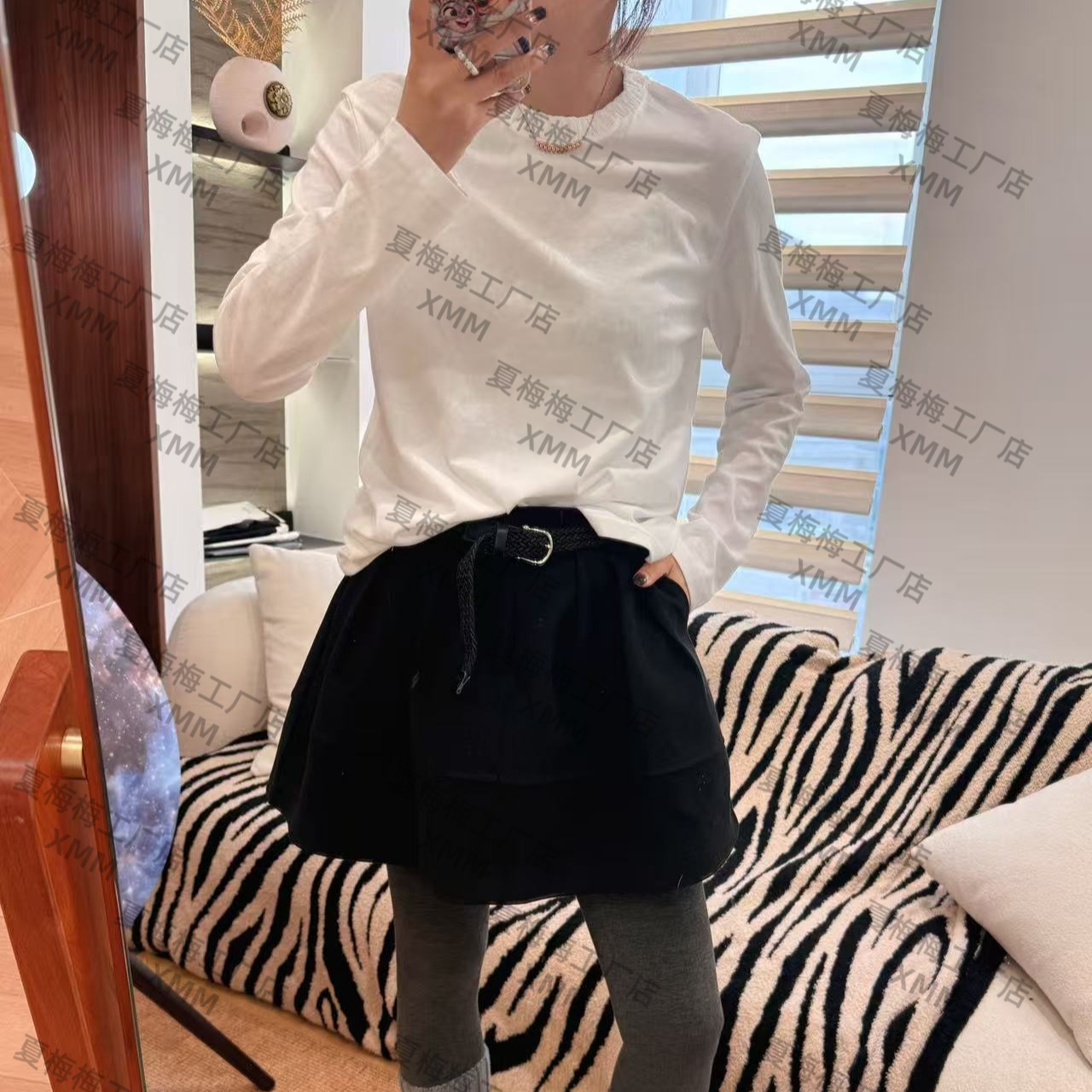 XMM.【100%纯棉褶皱领白T恤】不加绒 长袖打底显瘦时尚休闲MM664322