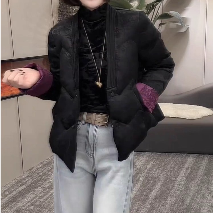 通勤风短款黑色外套女2025冬季撞色袖口减龄新中式国风保暖棉服