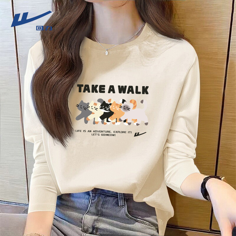 回力圆领长袖t恤女2025新款爆款春秋季纯棉打底衫小个子内搭上衣