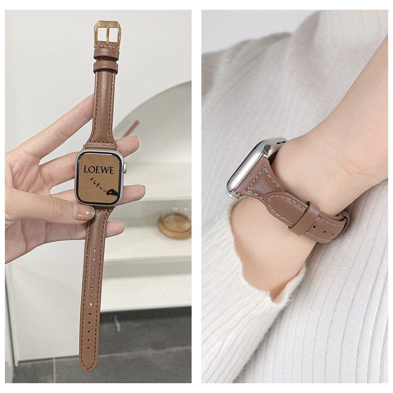 适用苹果apple iwatch11S10Ultra3SE2高级感女款小蛮腰真皮质表带