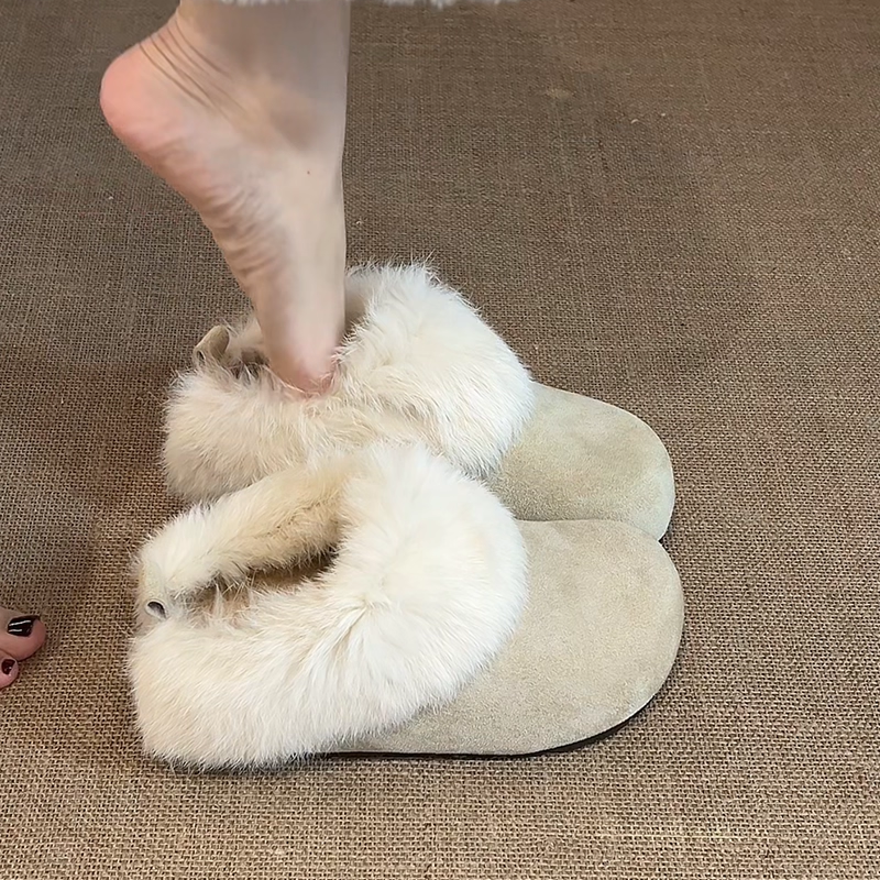 OJRZ厚底雪地靴毛毛拖鞋女包头半拖2025新款冬季一脚蹬加绒棉拖鞋