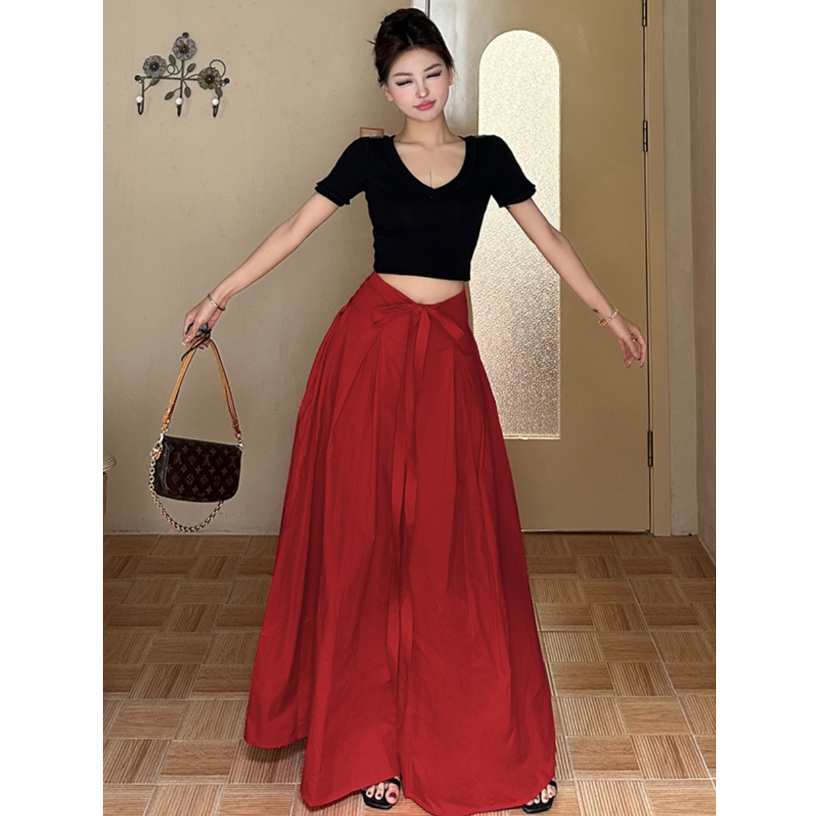 复古港风红色气质百搭半身裙女夏季新款宽松显瘦高腰遮胯大摆长裙