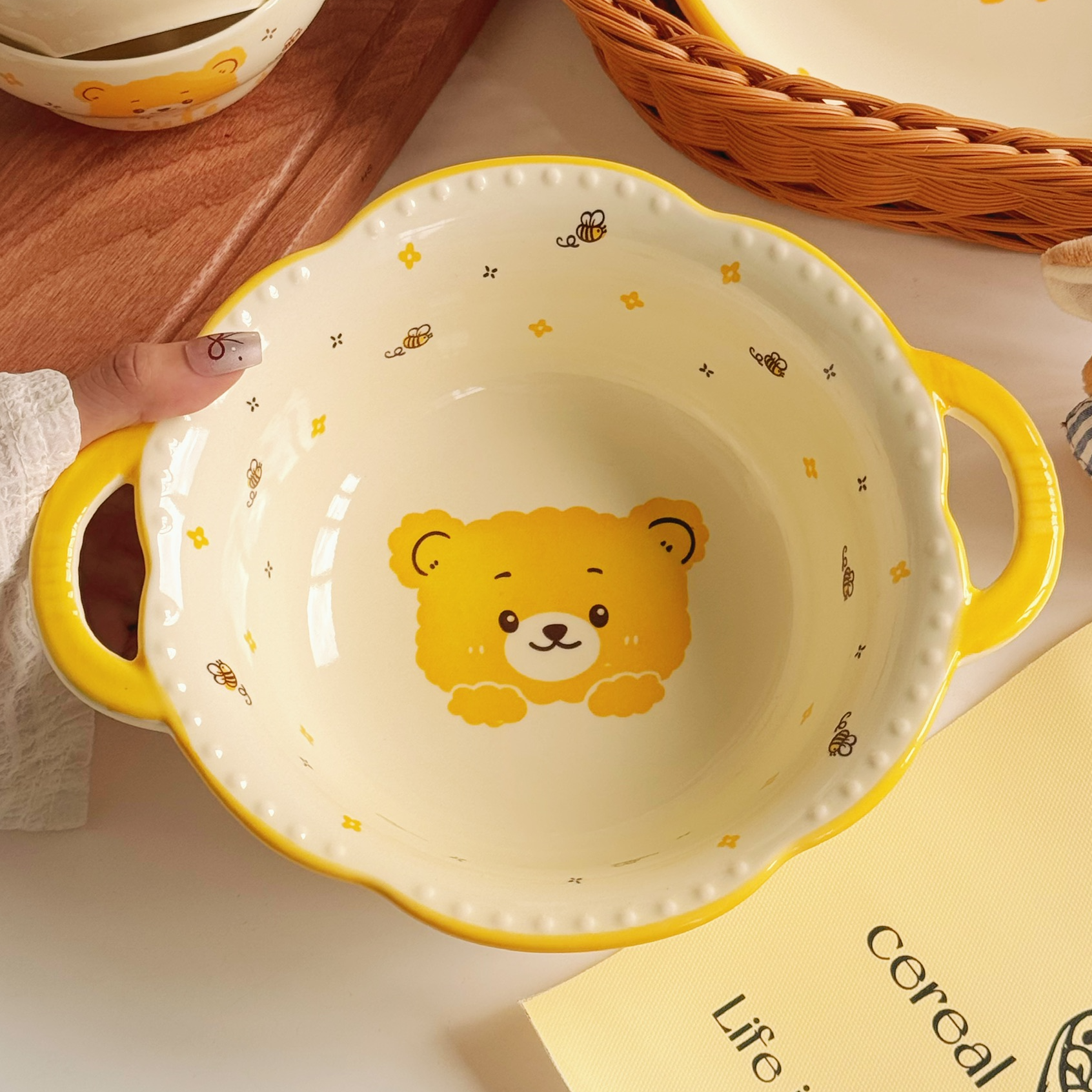 【两碗两勺】奶油蜜蜂小熊套装家用陶瓷汤碗少女心釉下彩实用宿舍