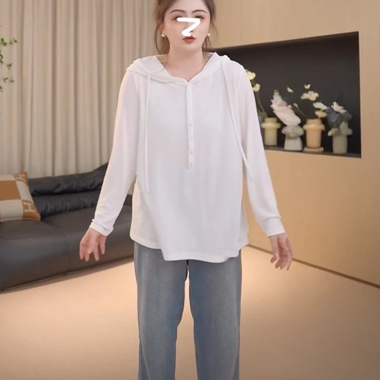 胖佳佳大码女装连帽纯色正肩长袖T恤女春季胖mm百搭宽松显瘦上衣